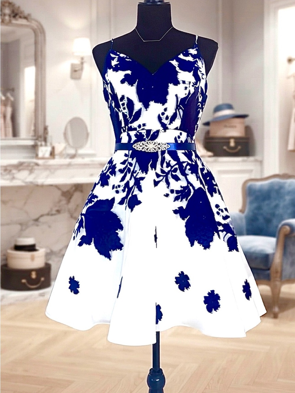 True White Event Dress w/Navy Blue Sequins & Floral Appliqués Tulle Skirt